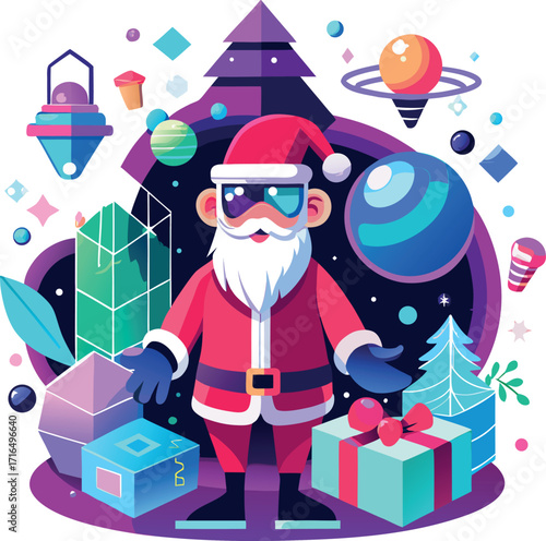 Santa wearing a VR headset, exploring a virtual Christmas world