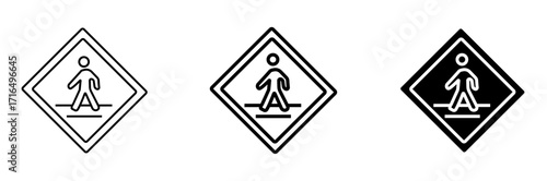 A set of pedestrian crossing warning icons, showing a person walking on a crosswalk, perfect for road safety, traffic control, and public navigation design resources.