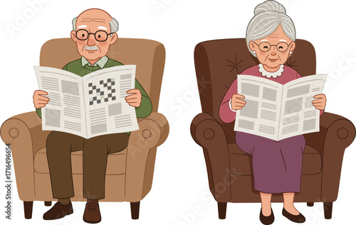 Elderly couple reading newspapers indoors, senior man solving crossword puzzle, elderly woman relaxing with news, peaceful retirement lifestyle, cozy home scene