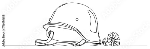 One Line Soldier Helmet with Remembrance Flower Illustration
