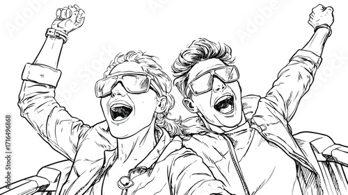 Thrilled Riders Celebrating with Arms Up in Excitement