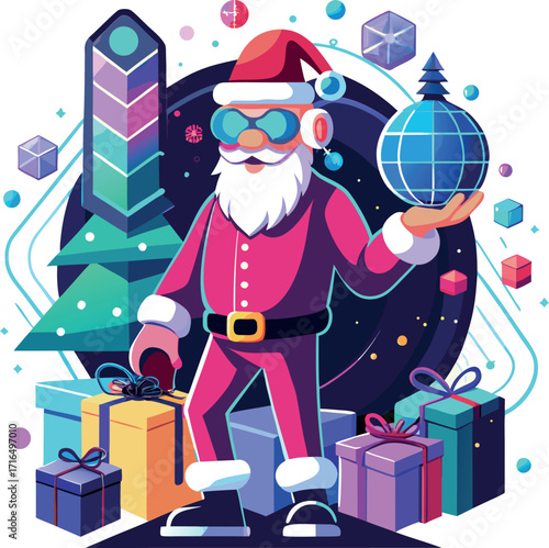 Santa wearing a VR headset, exploring a virtual Christmas world