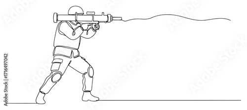 One Line Soldier Aiming Rocket Launcher Vector Illustration