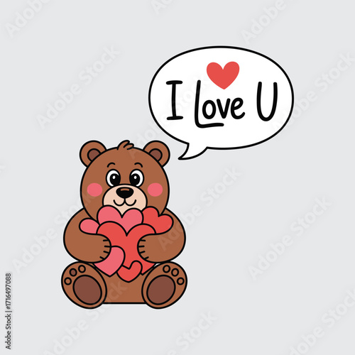 Cute cartoon teddy bear holding hearts with I love U speech bubble valentine