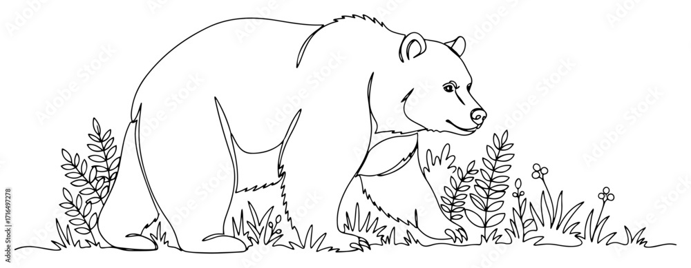 Fototapeta premium Bear Walking Through Forest Foliage black shape vector laser cutting engraving monochrome print