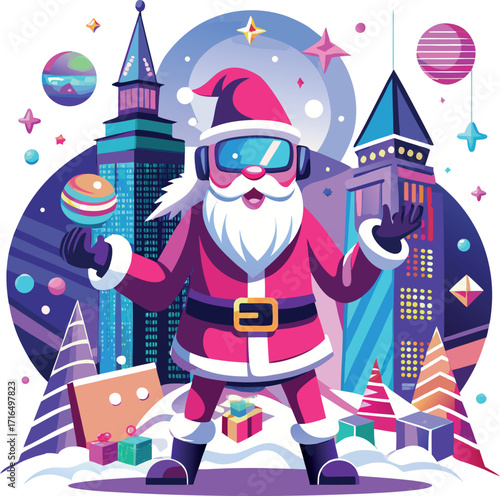 Santa wearing a VR headset, exploring a virtual Christmas world