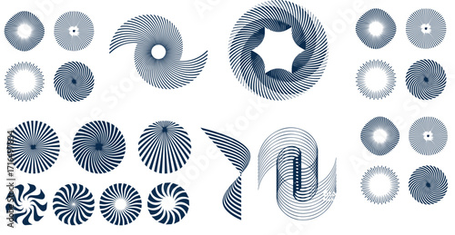 Spiral and swirl motion twisting circles design element set. Vector illustration