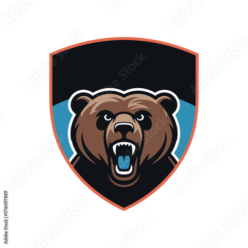 Fierce grizzly bear head logo with open mouth and sharp teeth on shield Keywords: bear, grizzly bear