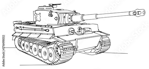 One Line Battle Tank Side View Vector Illustration