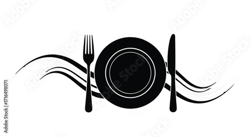 Elegant black and white illustration of a plate with fork and knife, ready for a meal.