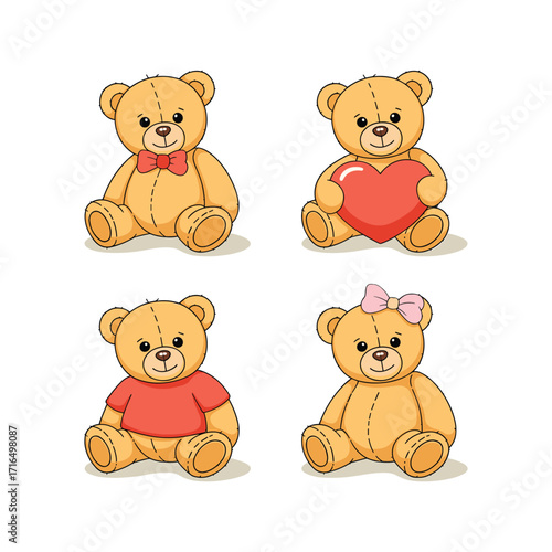 Four cartoon teddy bears with different accessories on a white background Keywords: teddy bear, toy