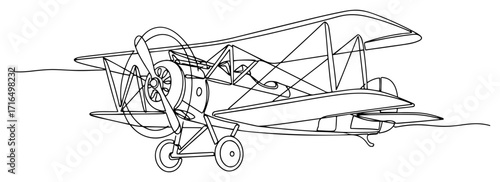 Vintage Biplane with Propeller in One Line Drawing