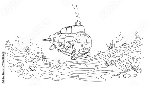 Deep Sea Submersible Exploring the Ocean Floor with Corals
