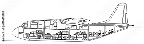 Military Cargo Aircraft Cutaway Loaded with Vehicles black shape vector laser cutting engraving monochrome print