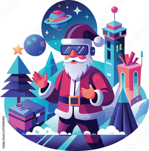 Santa wearing a VR headset, exploring a virtual Christmas world