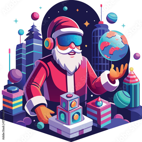 Santa wearing a VR headset, exploring a virtual Christmas world