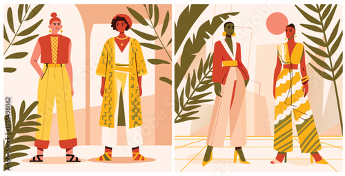 Contemporary fashion look that fuses modern models with tribal inspired pattern Vector art design