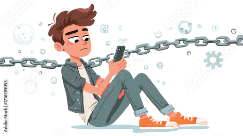 Frustrated Teenager Restricted by Phone Chain Vector Illustration