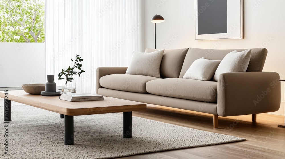 Fototapeta premium Stylish Modern Living Room with Cozy Sofa and Minimalist Decor