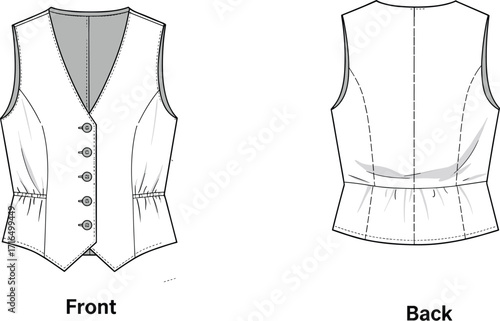 Technical fashion flat sketch of women’s sleeveless vest front and back view with V‑neckline, buttons, princess seams, and fitted waist