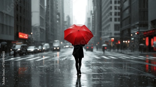 Solitary Figure Under a Red Umbrella in a Rainy Cityscape