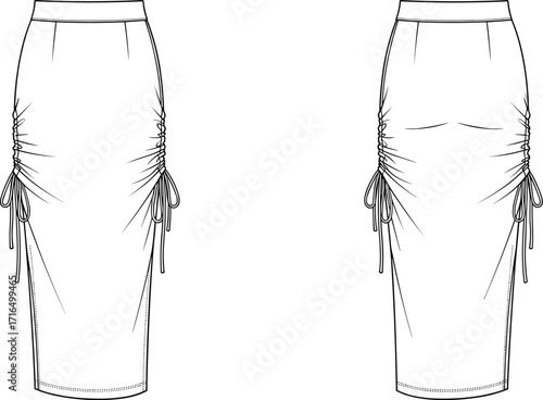 Technical fashion flat sketch vector illustration of high waist ruched skirt with drawstring sides, fitted silhouette, knee length, front back views