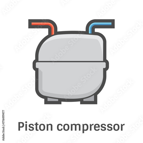 Piston compressor vector icon. Known as reciprocating compressor. Type of air compressor for compressing air, gas or refrigerant. Visuals related to HVAC systems and refrigeration technology.