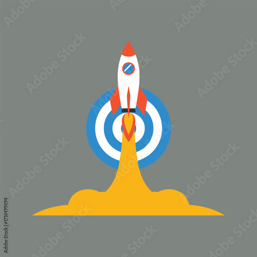 Rocket launching from a target with orange exhaust on a gray background Keywords: rocket, launch