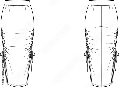 Technical fashion flat sketch vector illustration of high waist ruched skirt with drawstring sides, fitted silhouette, knee length, front back views