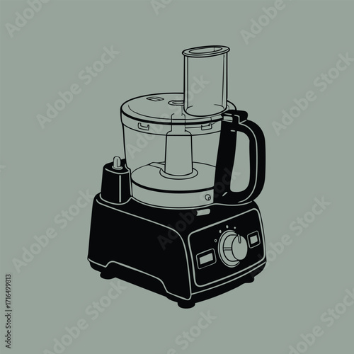 Detailed illustration of a modern electric food processor with a transparent container and control dial on a solid background