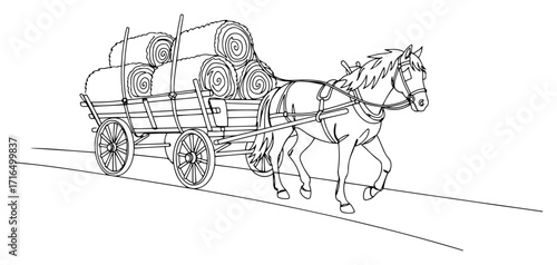Continuous Line Drawing of a Horse-Drawn Cart with Hay Bales