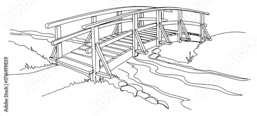 Continuous Line Drawing of a Rustic Wooden Bridge in Nature
