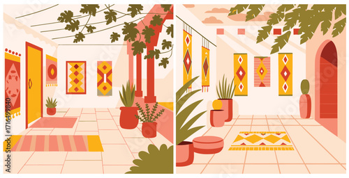 Serene and inviting courtyard featuring vibrant tribal textiles lush greenery and rustic decor Vector art design