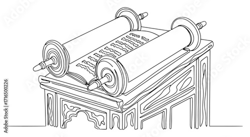 Torah Scroll on Ornate Stand with Hebrew Text black shape vector laser cutting engraving monochrome print