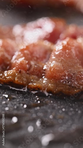 Crispy bacon sizzles on a hot grill, rendered in stunning macro detail. The shot focuses on the shimmering, spattering fat in the pan, using a shallow depth of field for a beautiful, cinematic effect