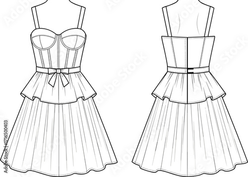 Technical fashion flat sketch vector illustration of peplum dress with fitted bodice, pleated skirt, bow waist detail, front back views
