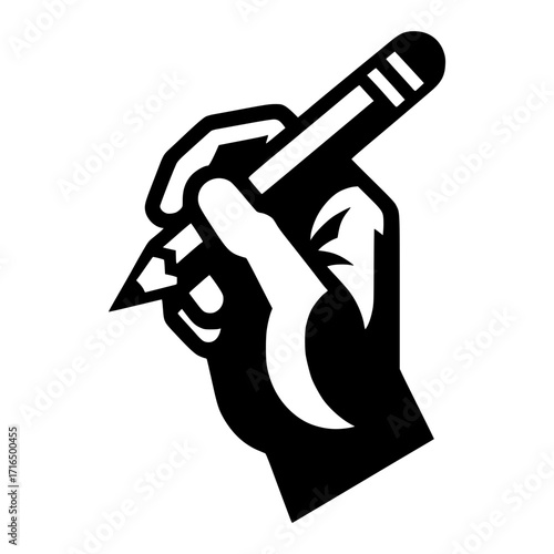 Black calligraphy art silhouette of a hand holding a gun, a hammer, and a cigarette