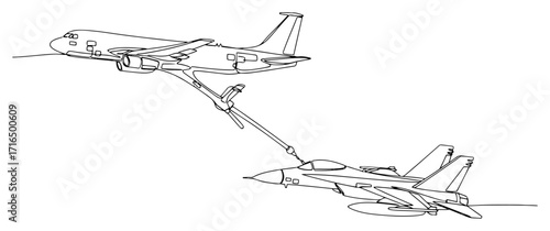 Military Fighter Jet Aerial Refueling from a Tanker Aircraft in a Continuous One Line Drawing