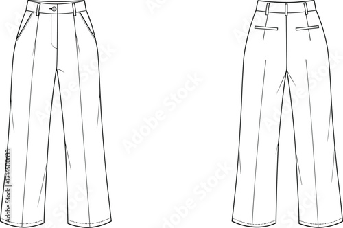 Technical fashion illustration of classic trousers front and back view with waistband, belt loops, pockets, fly front, and seam details