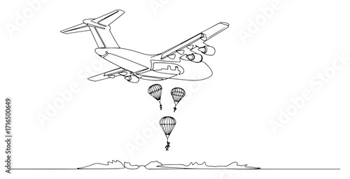 Military Paratroopers Jumping from a Transport Aircraft in a Continuous One Line Drawing