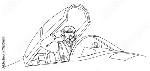 Fighter Jet Pilot in a Cockpit Saluting in a Continuous One Line Drawing