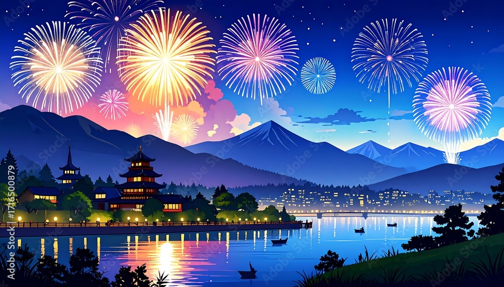Fototapeta premium Fireworks over a Japanese landscape