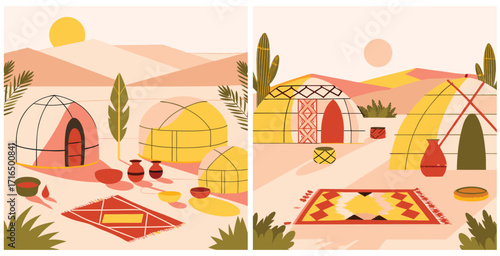 Wide sunlit desert landscape featuring traditional huts with sandy terrain and warm tones Vector art design