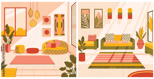 Warm sunlit living room designed with tribal and ethnic décor featuring natural textures Vector art design