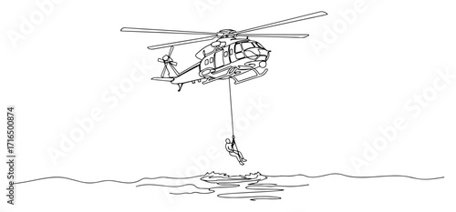 Helicopter Rescue Mission Over the Sea One Line Art