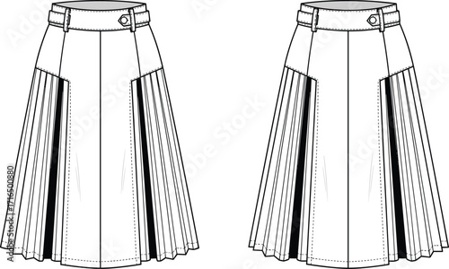 Technical fashion vector illustration of pleated skirt design with high waistband, belt loops, button closure, structured front, detailed sewing guide