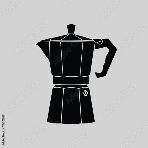 Black silhouette of a classic stovetop espresso maker with a handle and knob on a plain gray background