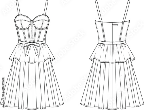 Technical fashion flat sketch vector illustration of sleeveless peplum dress with fitted bodice, structured cups, flared skirt front and back view