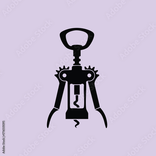 Black silhouette of a winged corkscrew bottle opener isolated on a plain light purple background
