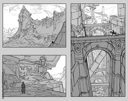 The adventure of medieval knight at ancient ruin castle landscape scenery sketches.